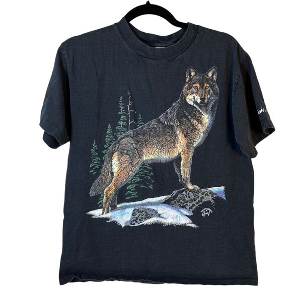 TSF Vintage USA Wolf Graphic Shirt Single Stitch Black Short Sleeve Men's Medium - Picture 1 of 6